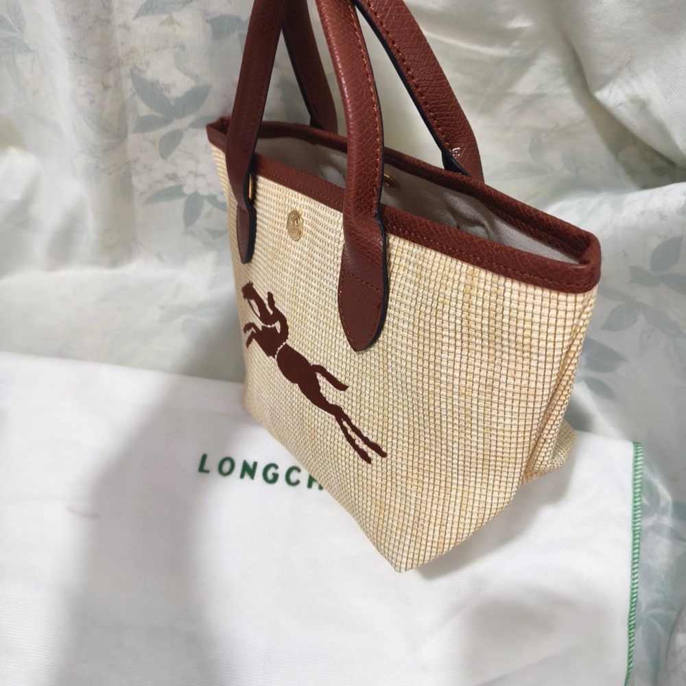 Longchamp Cream Woven Tote with Brown Leather Trim and Horse Motif - Picture 5 of 13